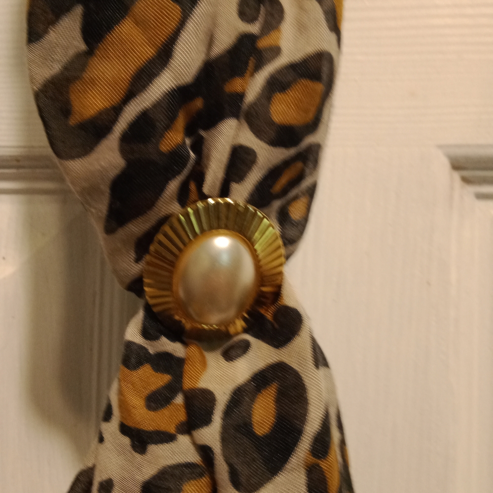 Leopard Print Scarf with Gold and Pearl Accent